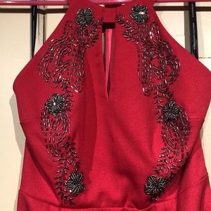 pink w/ black bead floral accent racerback halter dress thigh length leg slit